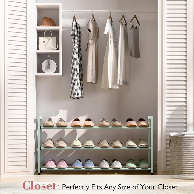 Bumusty 3-Tier Expandable Shoe Rack for Closet, 18“-33” Adjustable Shoe Rack for Small Space, Small Shoe Organizer for Front Door, Sturdy Metal, Green