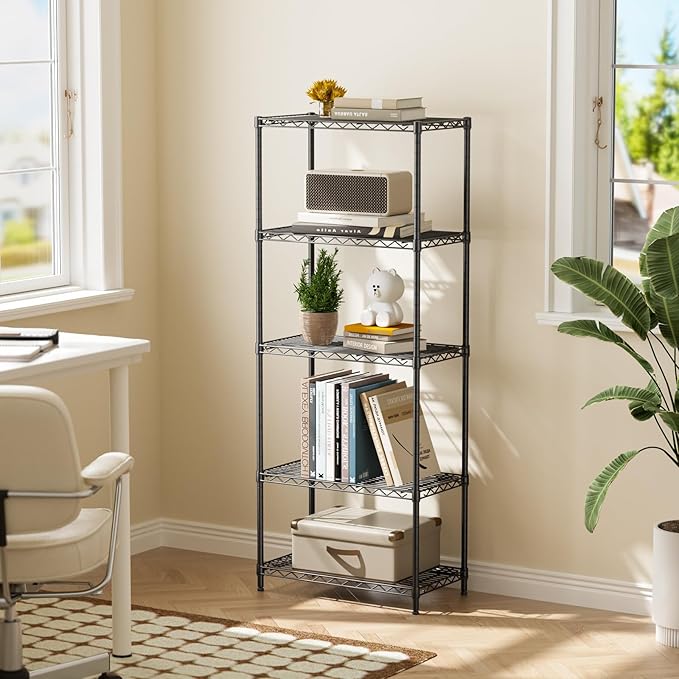 Golpart 5 Tier Adjustable Storage Shelves Heavy Duty Metal Utility Shelf 500LBS Capacity Wire Shelving Unit Organizer Rack for Home Kitchen Office Bathroom Pantry Room 12" D x 22" W x 59" H Black
