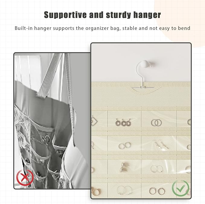 2 Pack Hanging Jewelry Organizer 80-Pocket Dual-sided Jewelry Storage for Earring Necklace Bracelet Ring Travel Holder, Beige