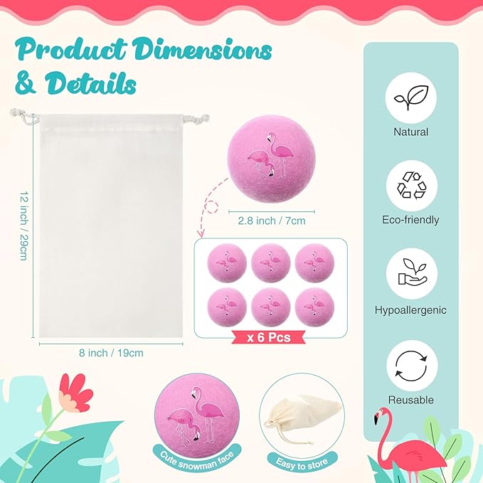 Jenaai 6 Pcs Wool Dryer Balls Bulk for Easter Laundry Basket Cute Organic XL Wool Dryer Laundry Balls Natural Soft Fabric Softener Anti Static Fabric Softener Alternative for Clothes(Pink Flamingo)