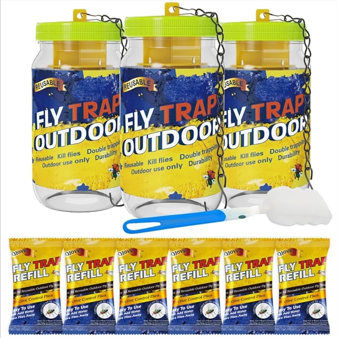Reusable Outdoor Fly Trap Bottles, 3 Pack Flies Killer Jar Catcher with 6 Natural Bait Refills Lure, Bug Insect Control Hanging for Outside Barns, Stable, Patio