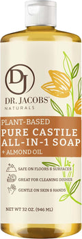 Dr. Jacobs Naturals Almond Castile All-in-One Cleaner and Soap - Plant-Based Formula for House Cleaning Floors and Appliances - Gentle on Skin and the Planet - 32 oz, 1 Pack