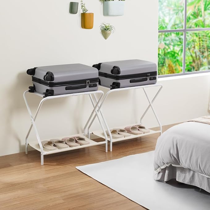 AMHANCIBLE Luggage Rack, Set of 2, Foldable Suitcase Stands for Guest Room, Metal Luggage Holder with Storage Shelf for Bedroom, Hotel, Easy Assemble, White HLR02WT