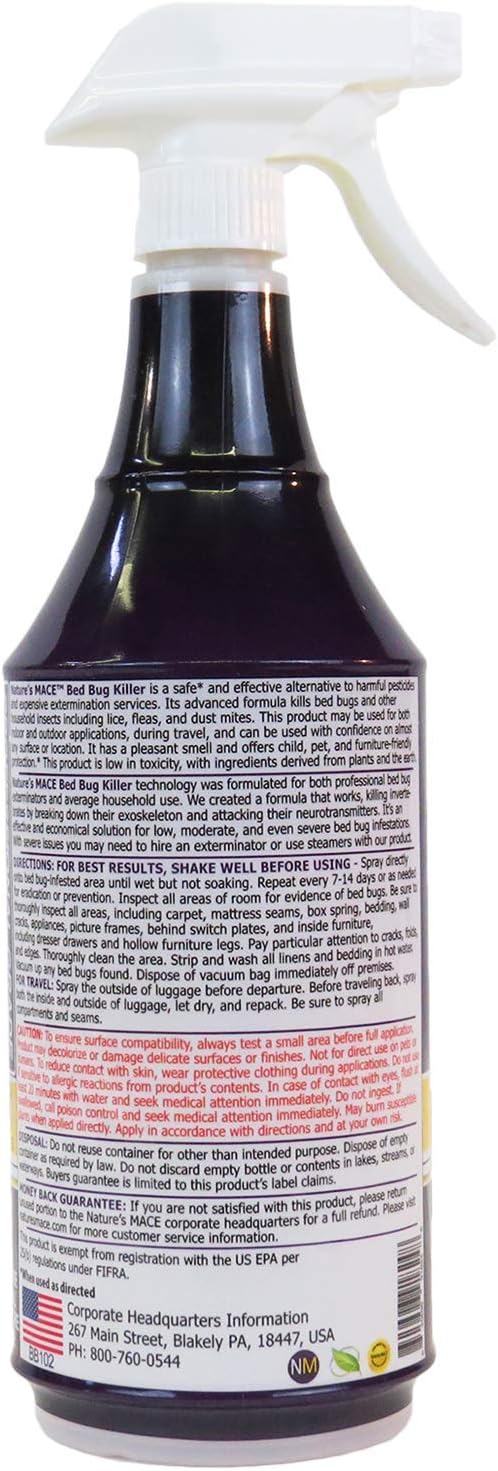 Nature’s MACE Bed Bug Killer 32 oz, Kill BedBugs Treatment, Mites, Eggs, Easy, Do-It-Yourself, Professional Bed Bug Spray, at-Home Solution, Mattress, Non-Toxic, Child & Pet Safe, Stain & Odor Free
