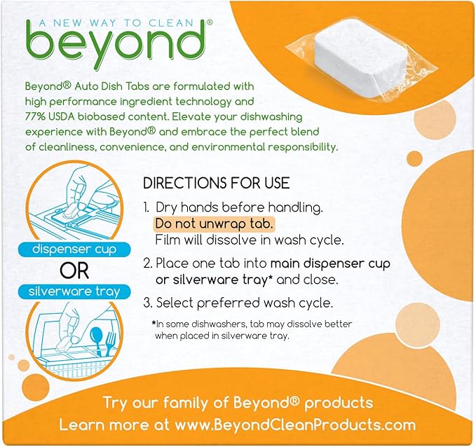 Beyond Auto Dishwasher Tablets [32 tablets] - Fragrance & Dye Free - Certified Biobased. Powerful. Plant-Based Ingredients