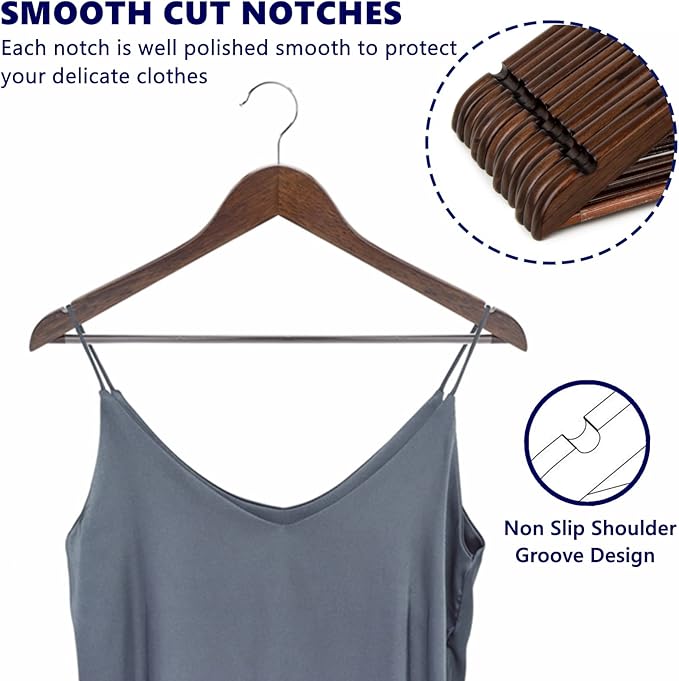 Amber Home 20 Pack Walnut Wooden Coat Hangers, Vintage Wood Suit Hangers with Non-Slip Pant Bar, Clothes Hangers for Closet Organization, Shirts, Jackets, Dresses, and Pants (Retro, 20)