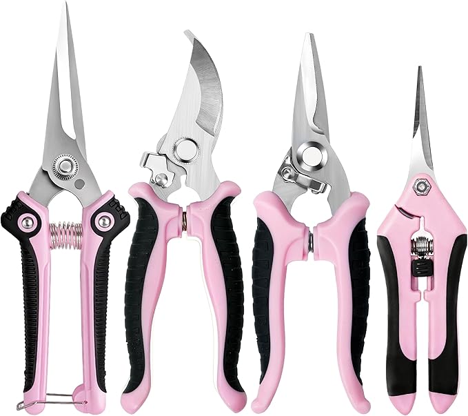 4 Pack Garden Pruning Shears, Stainless Steel Garden Shears, Gardening Shears, Garden Scissors, Clippers, Pruning Snips, Pruning Shears for Gardening Tools (Pink)
