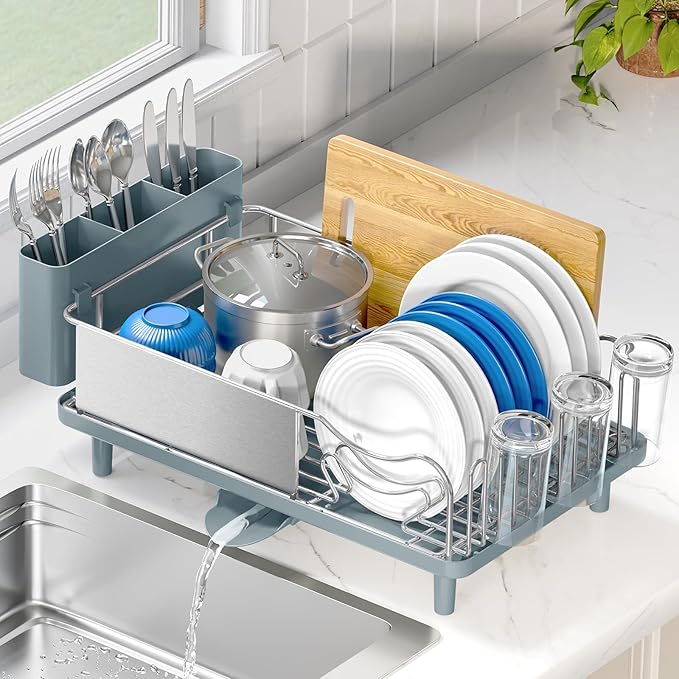 Stainless Steel Dish Drying Rack - Large Capcity 304 Grade Dish Drainer for Kitchen Counter with Drain Board, Utensil Holder & Detachable Cup Shelf, Rustproof Multifunctional Organizer, Green