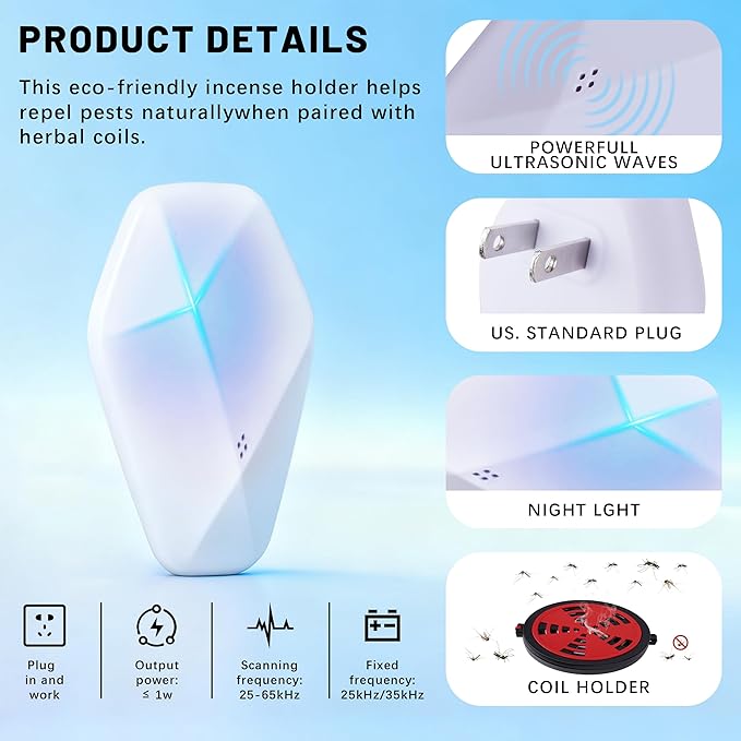 Electora 6Pcs Upgraded Ultrasonic Pest Repeller with Mosquito Coil Holder, Pest Repellent ultrasonic Plug in, Mice Repellent Indoor for Rodent, Roach, Spider, Ant, Bug, Mosquitoes, Insects and Rats