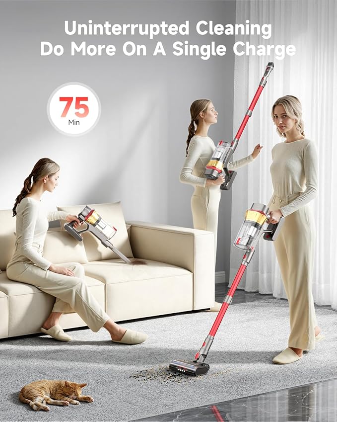 AIPOWAY Vacuum Cleaners for Home, 650W 55KPA Cordless Vacuum Cleaner, 75 Mins 2L Double Dustcup Stick Vacuum Cordless Rechargeable, Anti-Tangle & Wall Mount Charging, for Hard Floors Carpet Pet Hair
