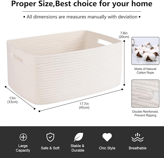 Large Storage Basket for Organizing, Woven Rope Basket for Shelves, Closet Organizer Bins for Clothes, Blanket, Toys, Baby Nursery Storage, 17.7" x 13" x 7.87", 2 Packs White