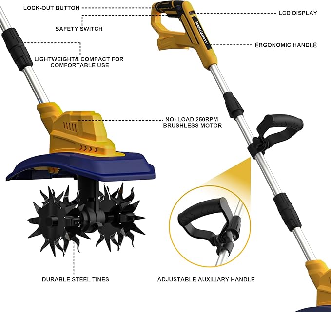 Cordless Garden Tiller Cultivator Compatible with Dewalt 20V/60V MAX Battery, 250RPM Electric Rototiller with Brushless Motor, 48 Steel Tines, 8.7" Tilling Width, 6.3" Depth, Rotary Tiller(Tool ONLY)