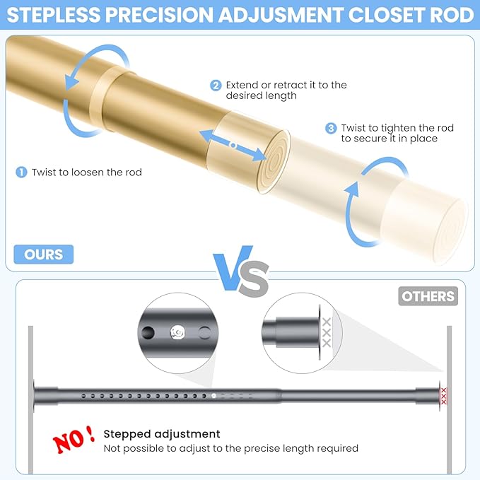 Closet Rods for Hanging Clothes, 17 to 84 Inch Heavy Duty Stepless Adjustable Closet Hanging Rod, 1.3 Inch Diameter Metal Closet Rod for Wardrobes Laundry Bedroom RV, Gold