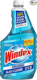 Windex Glass and Window Cleaner Refill Bottle, Bottle Made from 100% Recycled Plastic, Original Blue, 32 Fl Oz (Pack of 12)