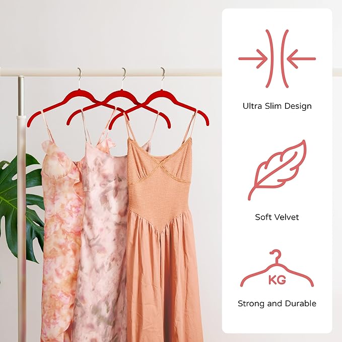 SIshynio 30 Pack Velvet Hangers – Non-Slip Slim Clothes Hangers with 360° Swivel Hook, Heavy Duty Flocked Shirt Hangers for Dresses, Suits, Blouses, Coats(Red)