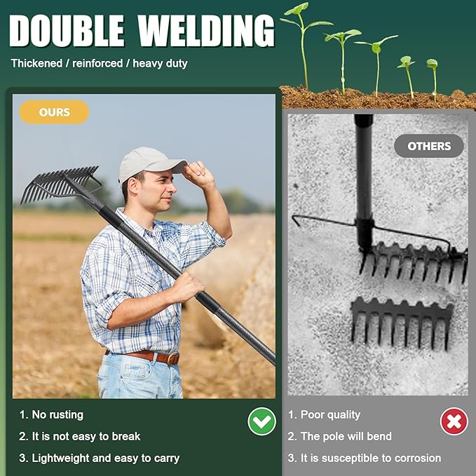 60'' Heavy Duty Garden Rake with Stainless Steel Handle, Metal Head for Loosening Soil, Gathering Leaves, Leveling Lawns