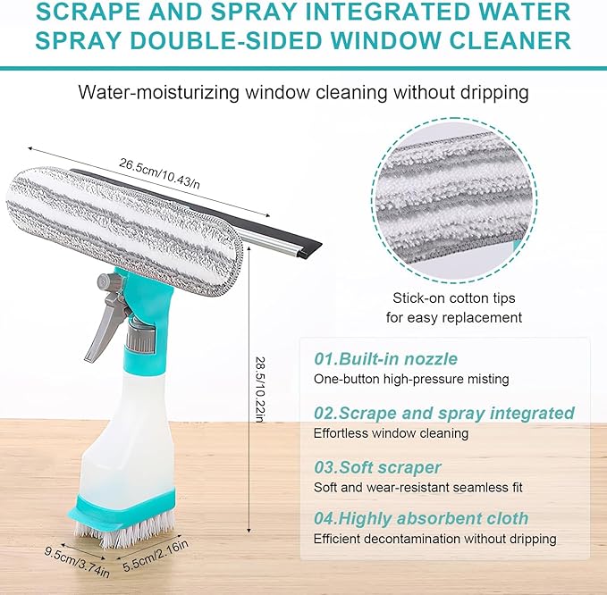 Zerodis Window Squeegee Cleaner with Spray, Mirror Scrub Pad Compact Glass Mop for Indoor Outdoor Bathroom Kitchen