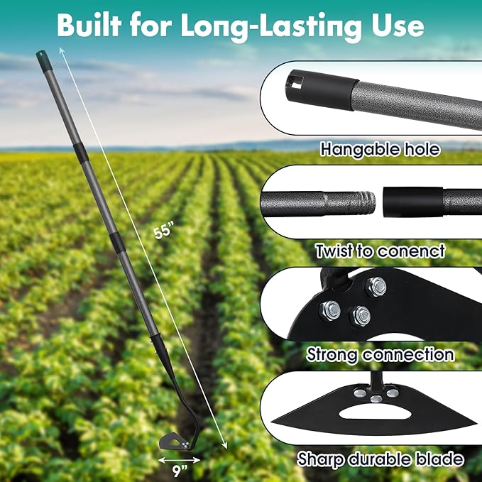 Hoe Garden Tool, 69 Inch Hardened Hollow Eye Hoes for Weeing, Heavy Duty Weeding Tool with Splicing Adjustable Long Handle, Rustproof Metal Gardening Tools for Garden Flower Beds