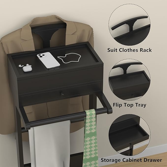 Wooden Valet Stand for Men, Suit Valet Stand with Top Tray, Storage Drawer, Bottom Shoe Rack, Freestanding Clothes Rack for Living Room, Entryway, Bedroom (Black with 2 Storage Drawers)