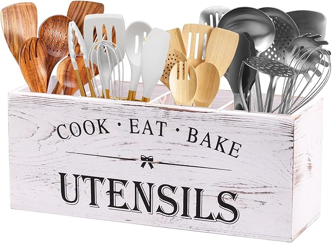 Kitchen Utensil Holder for Counter or Countertop, Extra Large Wood Organizer with 4 Compartments, Wooden Storage for Cooking and Silverware, Rustic Minimalist Decor, Sturdy Utensil Crock-White