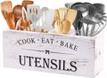 Kitchen Utensil Holder for Counter or Countertop, Extra Large Wood Organizer with 4 Compartments, Wooden Storage for Cooking and Silverware, Rustic Minimalist Decor, Sturdy Utensil Crock-White