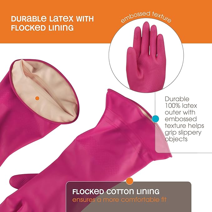 Casabella Premium Waterblock Reusable Household Cleaning Gloves, Medium, Pink (Pack of 2)