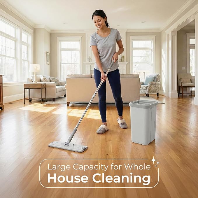 Mop and Bucket Set, Floor Mop and Bucket with Wringer Set, Wet and Dry Mop for Hardwood Floors, Vinyl, Tile, Baseboards and Walls (4 Washable Microfiber Pads Included)