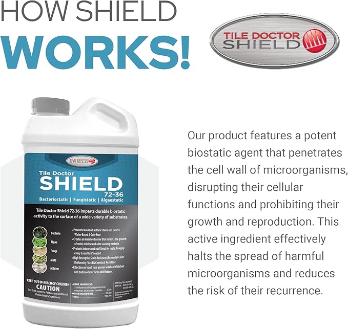 Shield Mold, Mildew, and Algae Stain and Odor Remover, Indoor and Outdoor Cleaner for Bathroom, Shower, Kitchen, Roof, Stone, Wood, Carpet, and More by Tile Doctor - 32 FL OZ