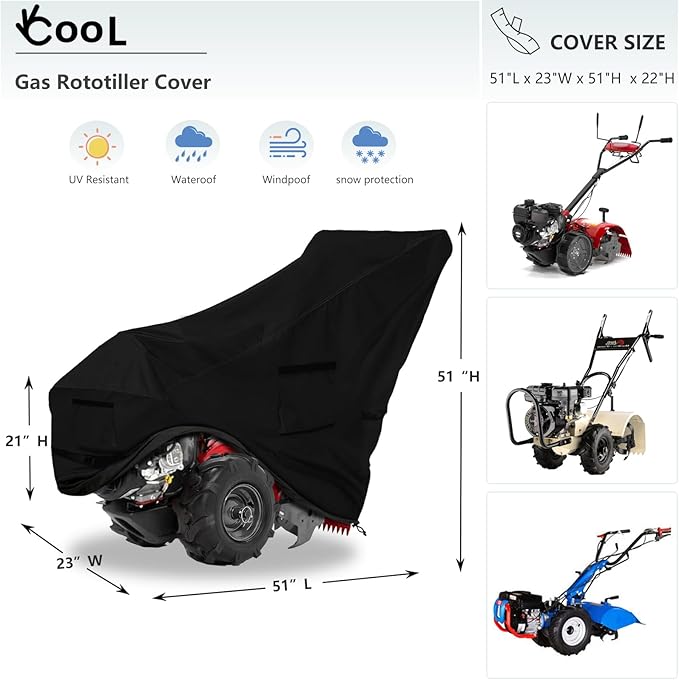 Okcool Gas Rototiller Cover, Universal Waterproof Heavy Duty 600D Rear Tine Tiller Cover with Air Vent (Black)