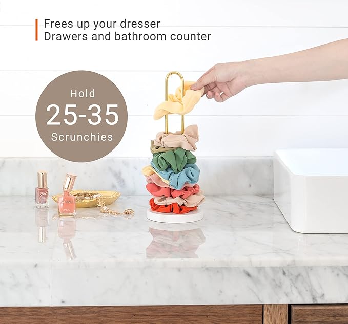 Mkono 2PCS Scrunchies Holder Stand Hair Accessories Organizer Gold White Metal Scrunchies Tower Hold 25-35 Scrunchies Modern Vertical Hair Tie Organizer Jewelry Scrunchy Holder for Girls
