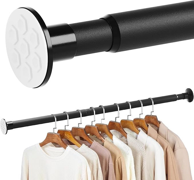 No Drilling Closet Rod, 27.5-82 Inches Hanging Closet Rod for Clothes, Closet Bar & Pole Heavy-duty, Closet Rods for Hanging Clothes For Closet Wardrobes Bathroom Laundry RV Curtains, Black