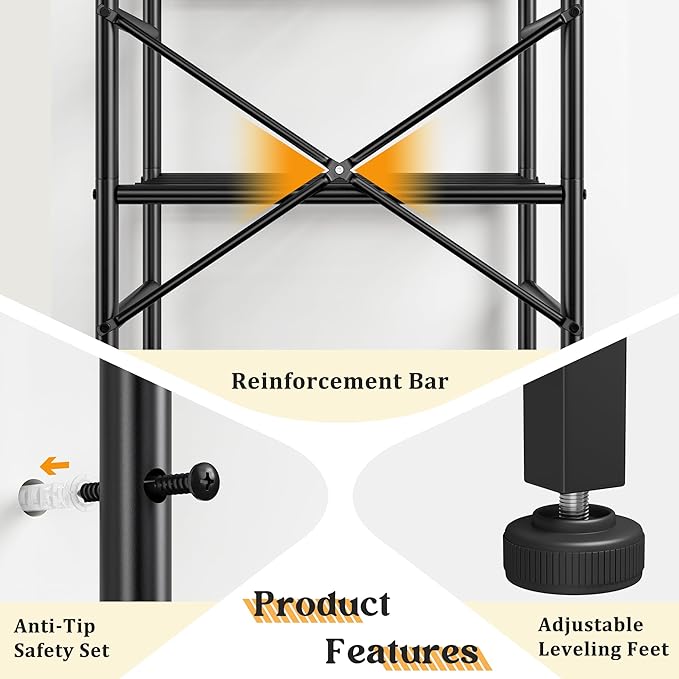 DurayLoly 5-Tier Storage Shelves,Sturdy Metal Shelving Unit with Hooks,Wobble-Free Storage Rack with Leveling Feet,Slim Standing Shelf Organizer for Garage Kitchen Pantry,17.7”W×11.8”D ×58.3”H,Black