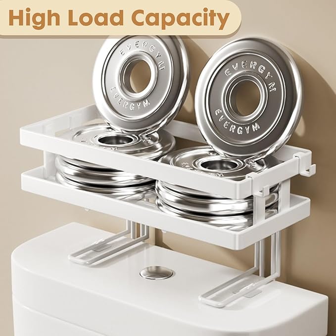 PowerKing Over The Toilet Storage Shelf, Bathroom Organizer Rack with 2 Hooks, No-Drill, Rust-Resistant Steel, Toilet Paper Holder for Restroom Bathroom, White