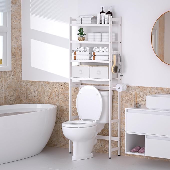 Cozivolife Over The Toilet Storage with 2 Baskets, 4-Tier Bamboo Organizer Rack with Paper Holder & 4 Hooks & Waterproof Feet Pad,Freestanding Shelf for Bathroom(White)