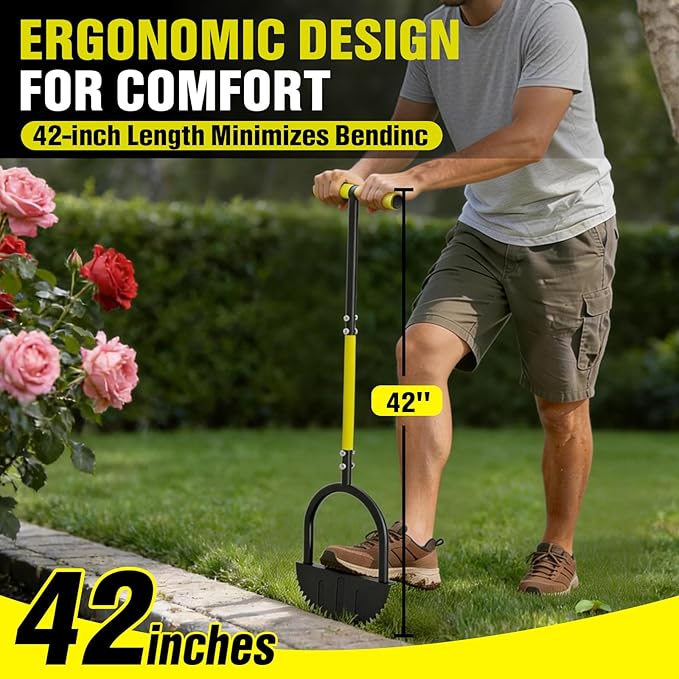 Houselife Half Moon Edger for Landscaping, 42" Manual Grass Edger Tool with V-Shape Serrated Blade, Long Handle Garden Edger for Sidewalk, Driveway & Flower Bed, 9" Wide Footplate
