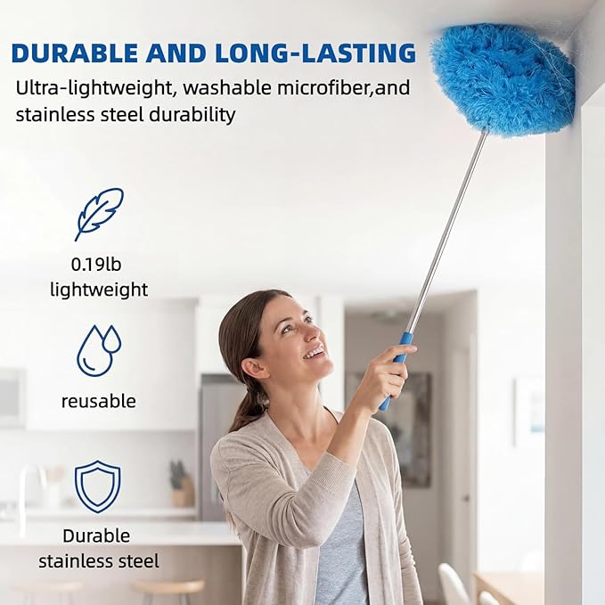 Ceiling Fan Cleaner Duster - Reusable Microfiber Ceiling Fan Blade Cleaner, Long Handle, Dust-Locking, Reusable, Bendable Head Attachment with Soft Grip for Ceiling Fan & High Furniture Surfaces