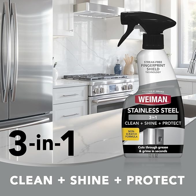 Weiman Stainless Steel Cleaner & Polish Kit, 3 Piece - Spray, Wipes & Cloth, Anti-Fingerprint, Removes Grease, Water Spots, Streaks & Residue, Polishing Cleaner Safe for Appliances, Sinks & Grills