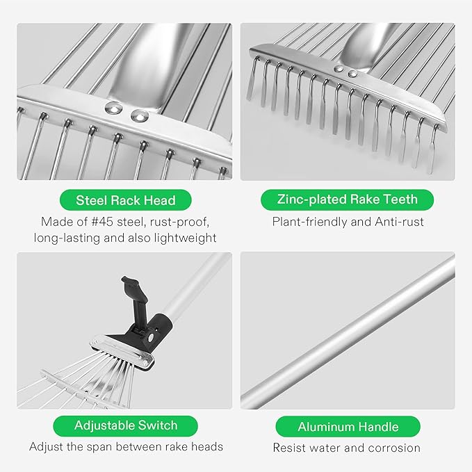 VIVOSUN 2-Piece Leaf Rake Set - Adjustable Garden/Camping Rake with 15/9 Tines, Collapsing Tines & Telescopic Handle (64'' & 30'')