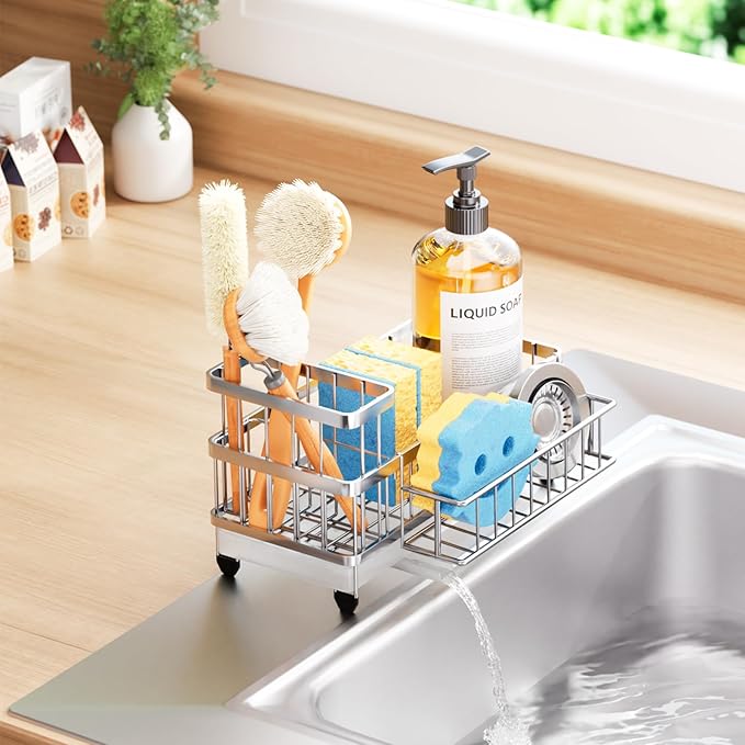 Consuemst Sponge Holder for Kitchen Sink - Auto Draining Sink Caddy Organizer with Detachable Rack, High Brush Holder, Kitchen Countertop Storage Accessories, Silver