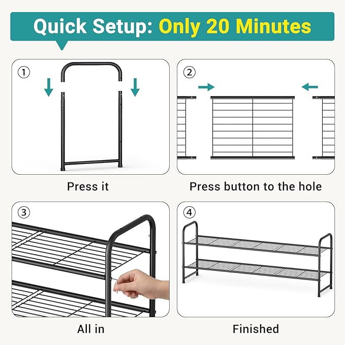 AOODA Long 2 Tier Shoe Rack for Closet Metal Wide Stackable Shoe Storage Organizer for Entryway, Bedroom, Floor, 18-Pairs Low Shoe Shelf, Black
