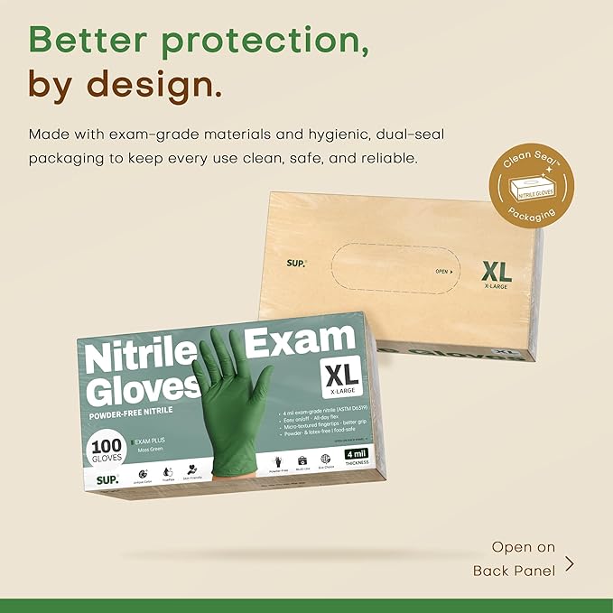SUP Disposable Nitrile Gloves, Powder-Free Latex-Free Food Safe Cooking Home Cleaning Non-Sterile Glove, Moss Green, 100 Ct