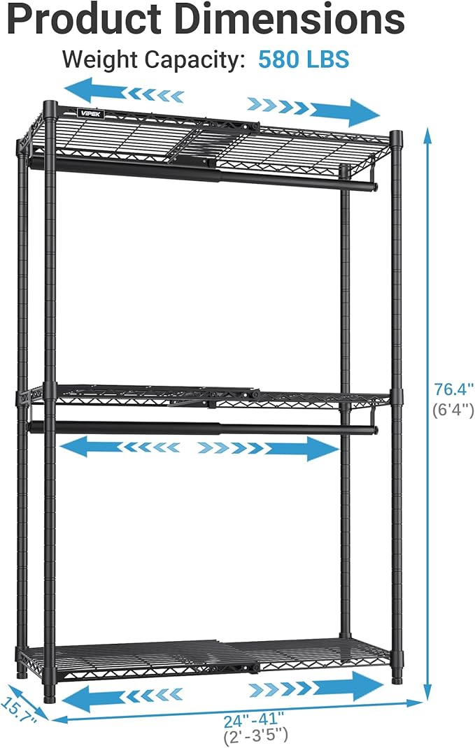 VIPEK X1 Expandable Clothes Rack Heavy Duty Adjustable from 2' to 3'5" with Adjustable Shelves and Hanger Rods, Reach-in & Walk-in Closets Metal Garment Racks Portable Closet, Black