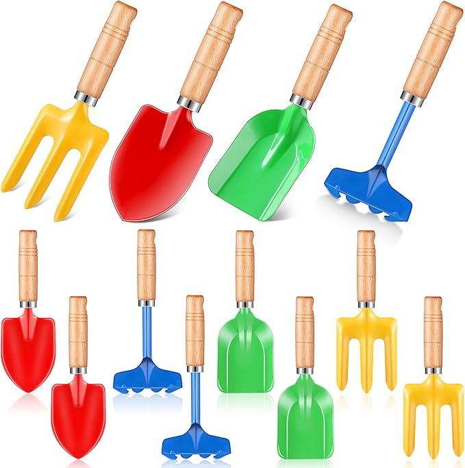 8" Kids Gardening Tools, Metal Beach Sandbox Digging Toys with Wooden Handle, Including Shovel, Rake, Fork and Trowel, Garden Sand Snow Tools for Children Gift Outdoor Gardening(12 Pcs)