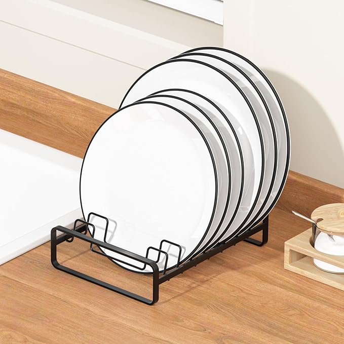 2 Pack Plate Holders Organizers 8 Slots Upright Cabinet Dish Drying Racks Metal Plate Stands (for 6In. 10In. Plates) Dish Organizers for Countertop and Cupboard(at Least 11.2in.Height) Black