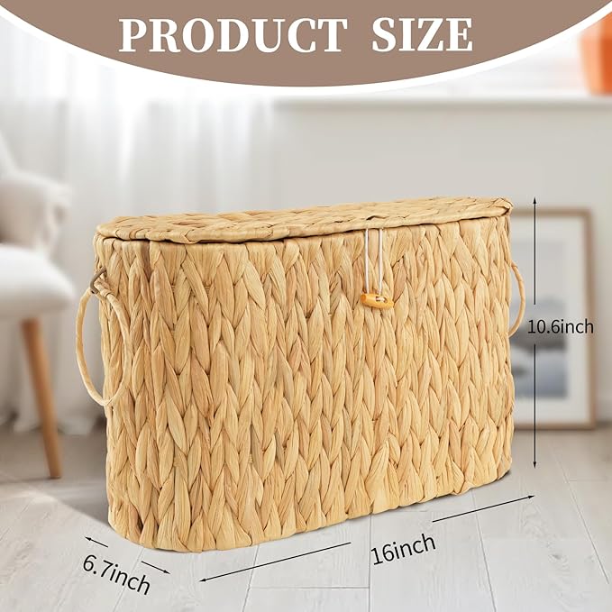 Toilet Paper Storage Basket, Water Hyacinth Toilet Paper Holder with Lid, Wicker Storage Basket with Built-in Handles for up to 6 Mega Rolls, Wicker Baskets Bathroom Accessories Organizer