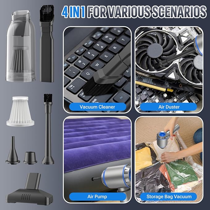 Compressed air Duster, Yomile 2 in 1 180000RPM Cordless Air Duster with Mini Car Vacuum, 9000mAh Battery Dust Blower for Keyboard Cleaner,Rechargeable Air Blower AIC Can for Office Computers