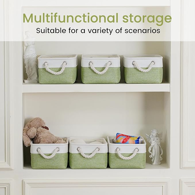 Storage Baskets for Shelves 11.8x7.9x5.2 Inch-Foldable Fabric Organizing Storage Bins with Handles, Closet & Bathroom Organizer, Home Storage for Kitchen, Office (6-Pack, White&Green)