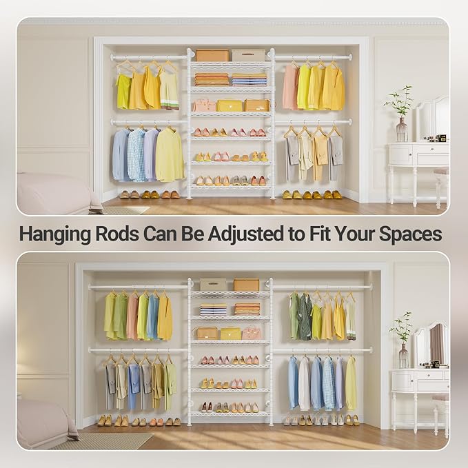 Timate S3X PLUS Closet System, Expandable Wall Mounted Closet with 6 Adjustable Shelves & 4 Expandable Hanger Rods, Industrial Pipe Clothing Rack for Hanging Clothes, Fits Spaces 6'11"- 9'10", White