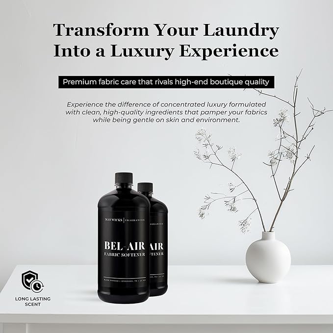 Mavwicks Fragrances - Luxury Scented Liquid Fabric Softener (Bel-Aire) 32 Oz – Crafted with Clean Ingredients – Reduces Static, and Softens Clothes – Safe for All Fabrics and Skin