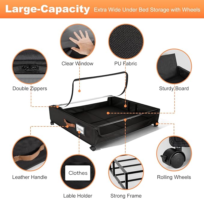 Larger Under Bed Storage with Wheels, 2-Pack XXL Underbed Shoe Storage with Clear Lid, Easy Pull-out Rolling Under Bed Storage Containers, Underbed Storage Bins for Clothes, Shoes, Black